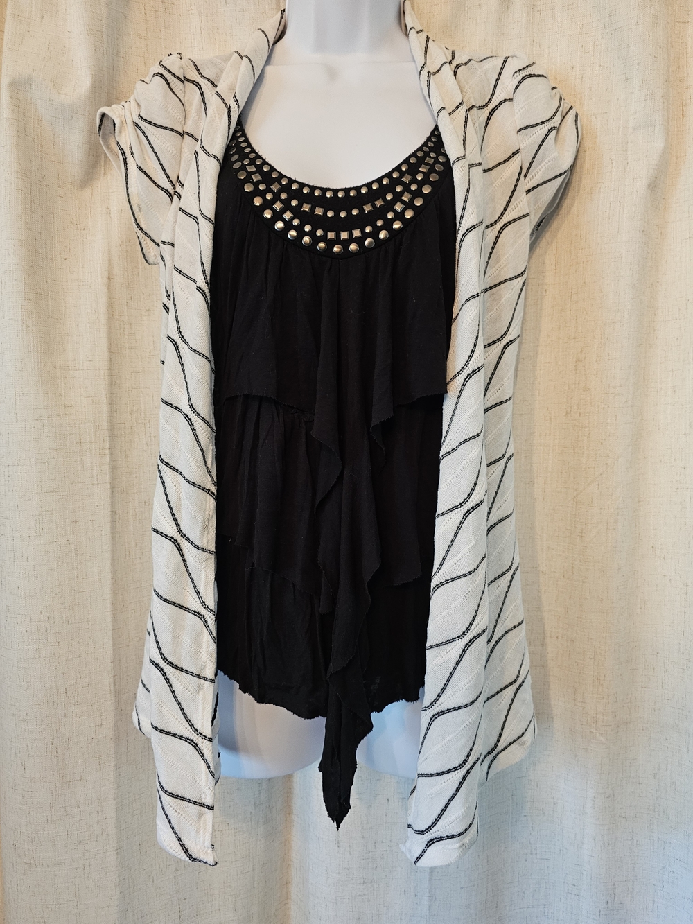 HeartSoul Black Tank with Ivory Striped Open-Front Shrug